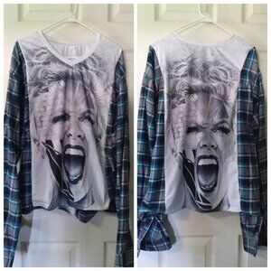 upcycled reworked flannel shirt w/ custom PINK! SHIRT SEWN IN THE CENTER